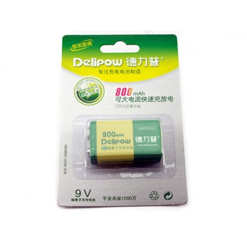 Аккумулятор Delipow 9В CR-9V Крона 6F22 6LR61 Li-ion 800мАч