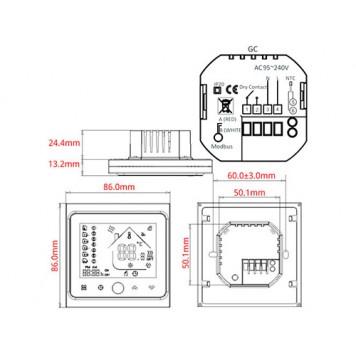 Физические размеры и схема подключения терморегулятора Wi-Fi для газового котла 220В 3А BHT-002-GCLW, черного-1