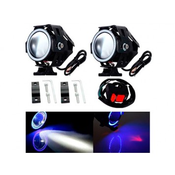 Фари прожектори для мотоцикла U7 LED 12В 3000лм Angel Eyes блакитні + кнопка