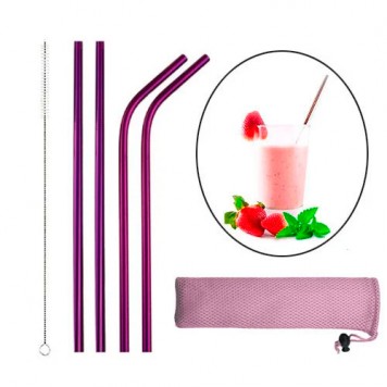 Набір з 4 металевих еко соломинок трубочок для напоїв, фіолетовий
