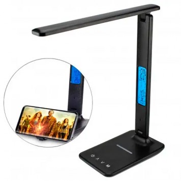 Лампа настольная LED с беспроводной зарядкой 10Вт и ЖК, TX26C0, черная