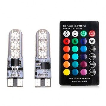LED T10 W5W лампа в автомобіль 2шт з пультом ДК, 6 SMD 5050, 16 кольорів