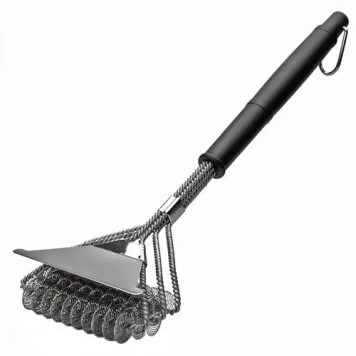 Щітка для очищення гриля BBQ безпечна з ручкою, 3 спіралі та скребок, сталь.