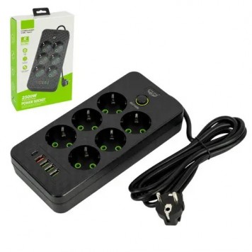 Мережевий фільтр подовжувач 2м 6 розеток та 5 USB QC PD 10А 2.5кВт EU-2506PD