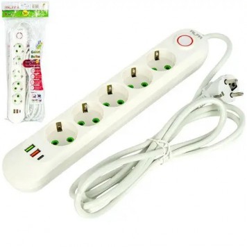 Мережевий фільтр подовжувач 3м 5 розеток 3 USB QC PD 10А 2.5кВт ALFA