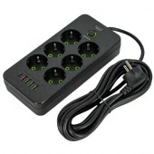Мережевий фільтр подовжувач 5м 6 розеток та 5 USB QC PD 10А 2.5кВт EU-2506PD