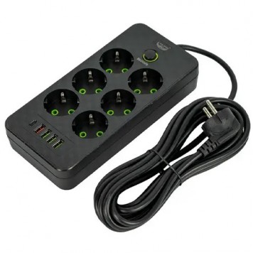 Мережевий фільтр подовжувач 5м 6 розеток та 5 USB QC PD 10А 2.5кВт EU-2506PD