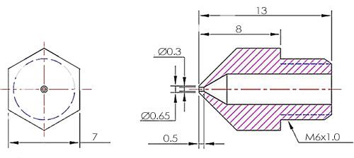 Размеры сопла с отверстием 0,3 мм под 1.75 мм филамент