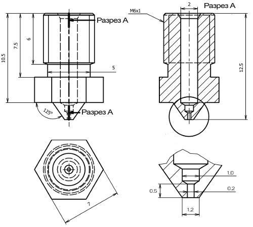 Схема сопла E3D с отверстием 0,2 мм под 1.75 мм филамент