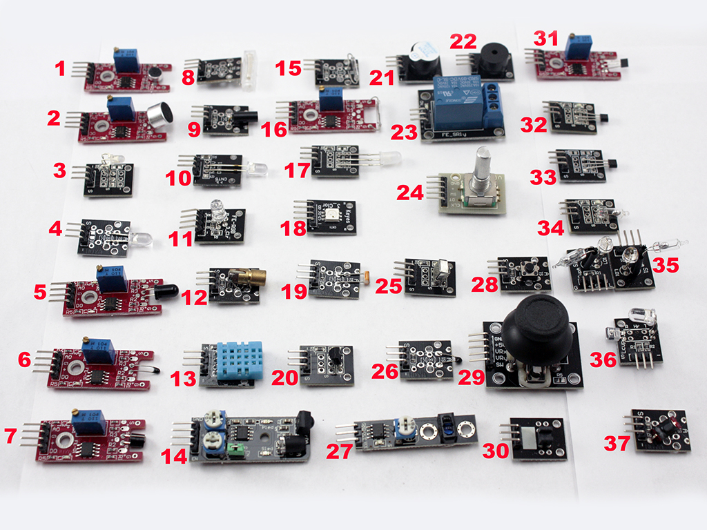 Состав набора из 37 модулей, датчиков для Arduino