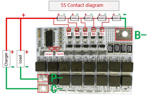 Схема подключения BMS контроллера 5S 100А для пяти аккумуляторов