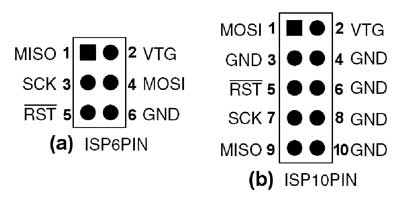 6-пиновый и 10-пиновый ISP интерфейс