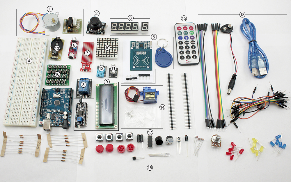 Состав обучающего набора для сборки на базе Arduino Uno R3